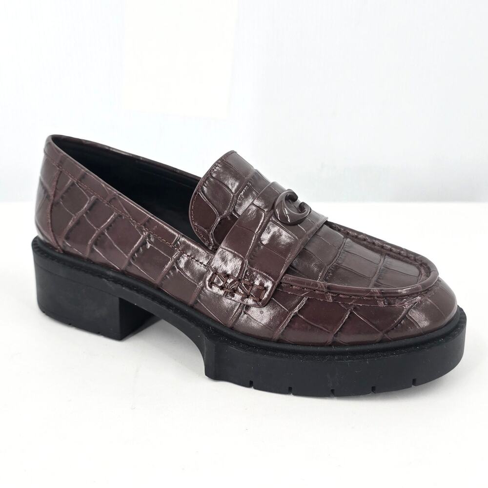 Coach Leah Croc Embossed Patent Leather Lug Sole Loafers Maple Brown 7 Chunky